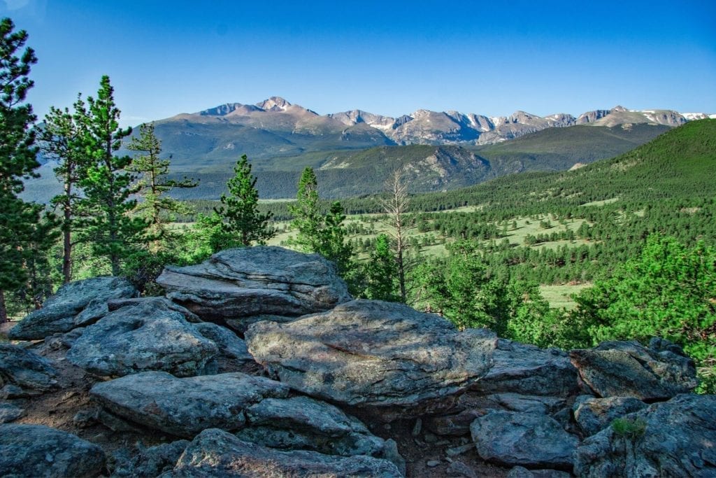 科罗拉多州落基山国家公园的落基山前的山谷覆盖着绿草和松树bob游戏官方