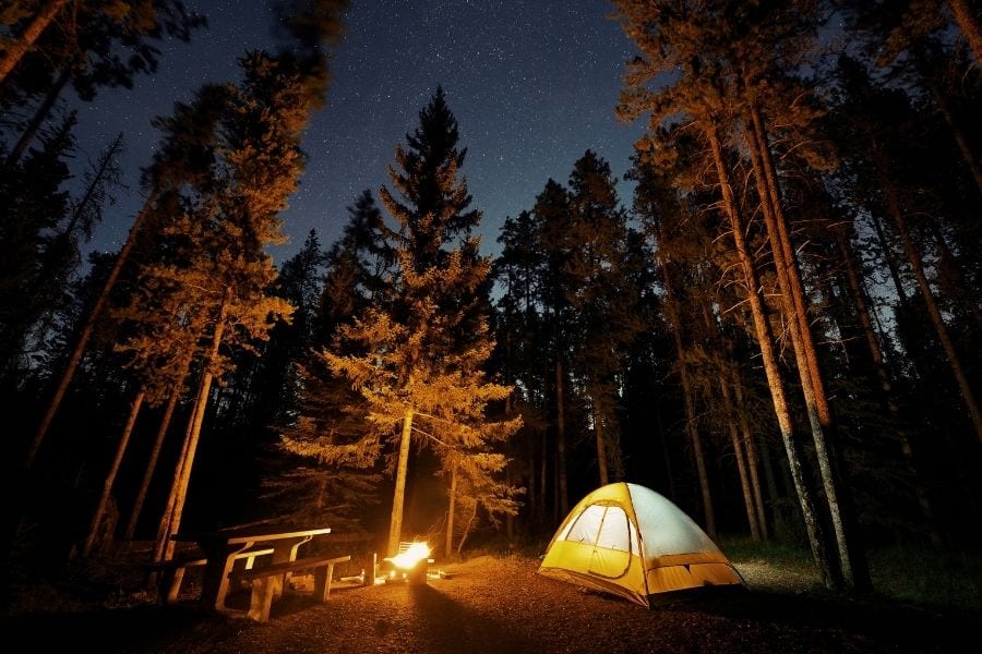 在森林密布的营地里，一顶橙色和白色的帐篷被篝火照亮